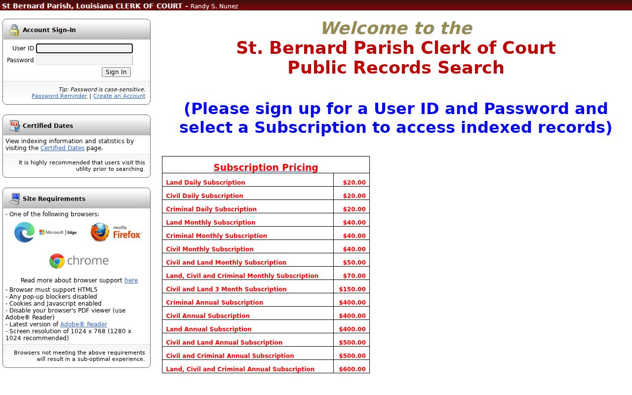 St. Bernard Parish criminal court records Clerk eSearch subscription login