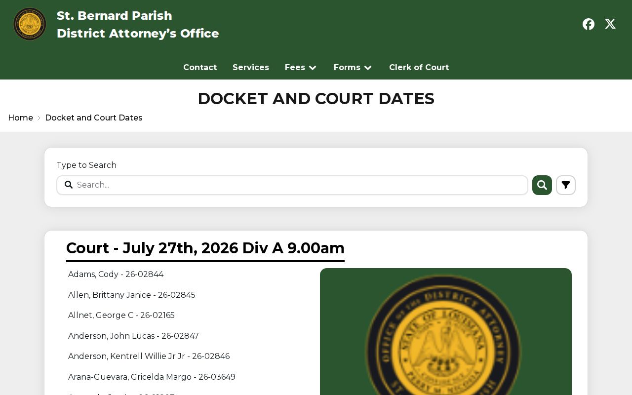 St. Bernard Parish criminal court case search box and docket date lists