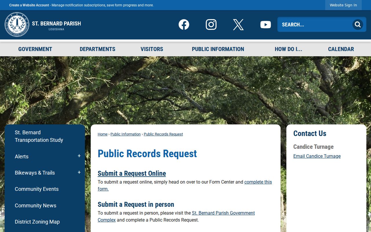 St. Bernard Parish criminal records request routing page